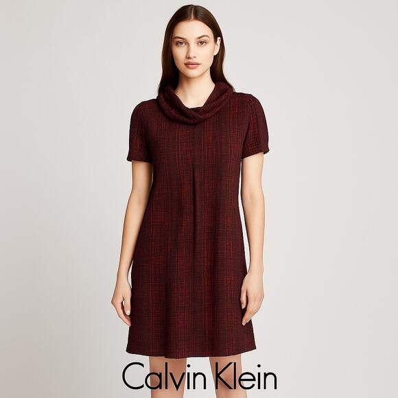 Calvin Klein Red Black Cowl Neck Short Sleeve Shift Dress Size 10 - Picture 1 of 8